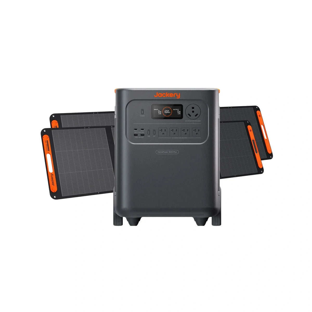Jackery HomePower 3600 Plus portable home backup battery with multiple outlets and digital display for emergency power.