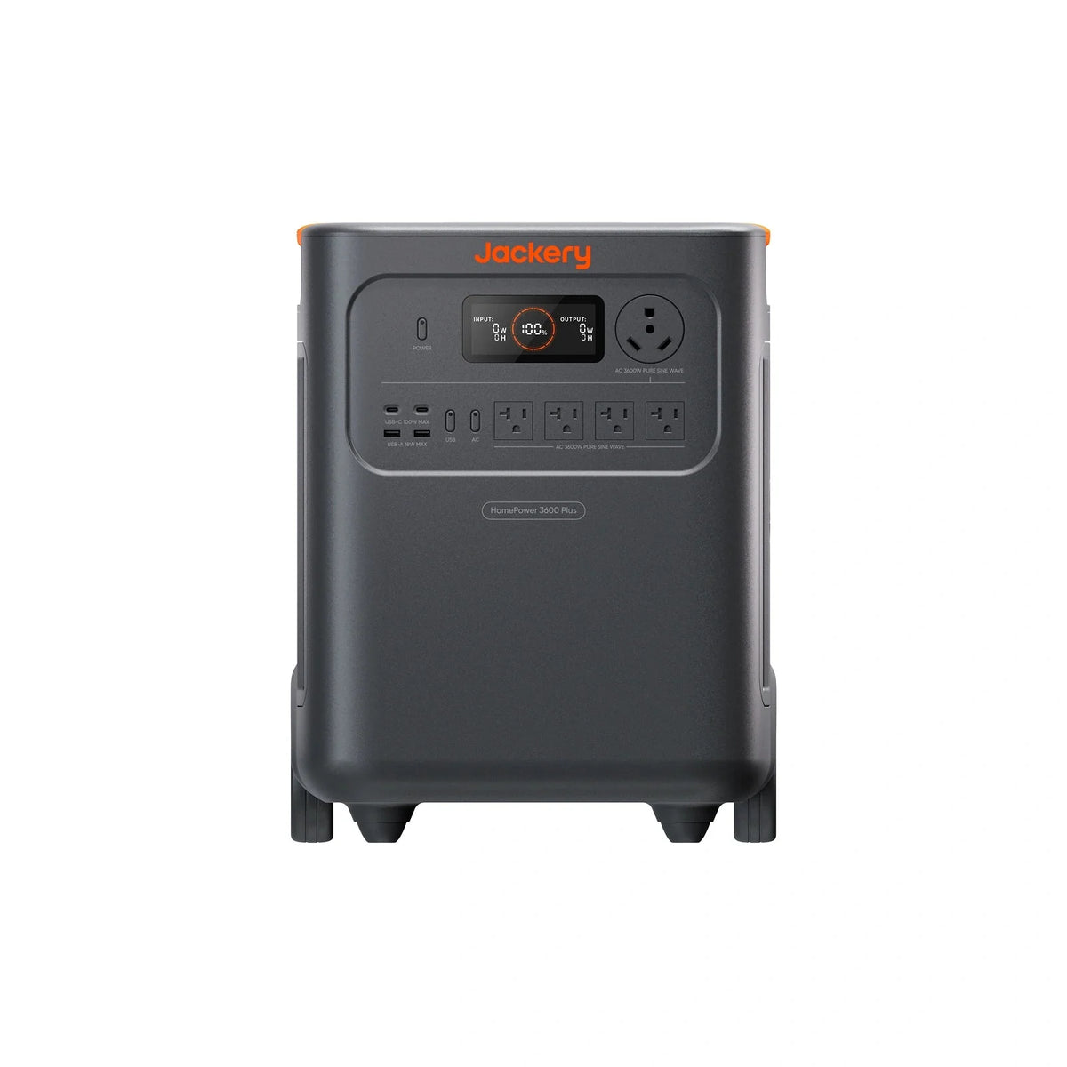 Jackery HomePower 3600 Plus portable home battery backup system with digital display and multiple power outlets.