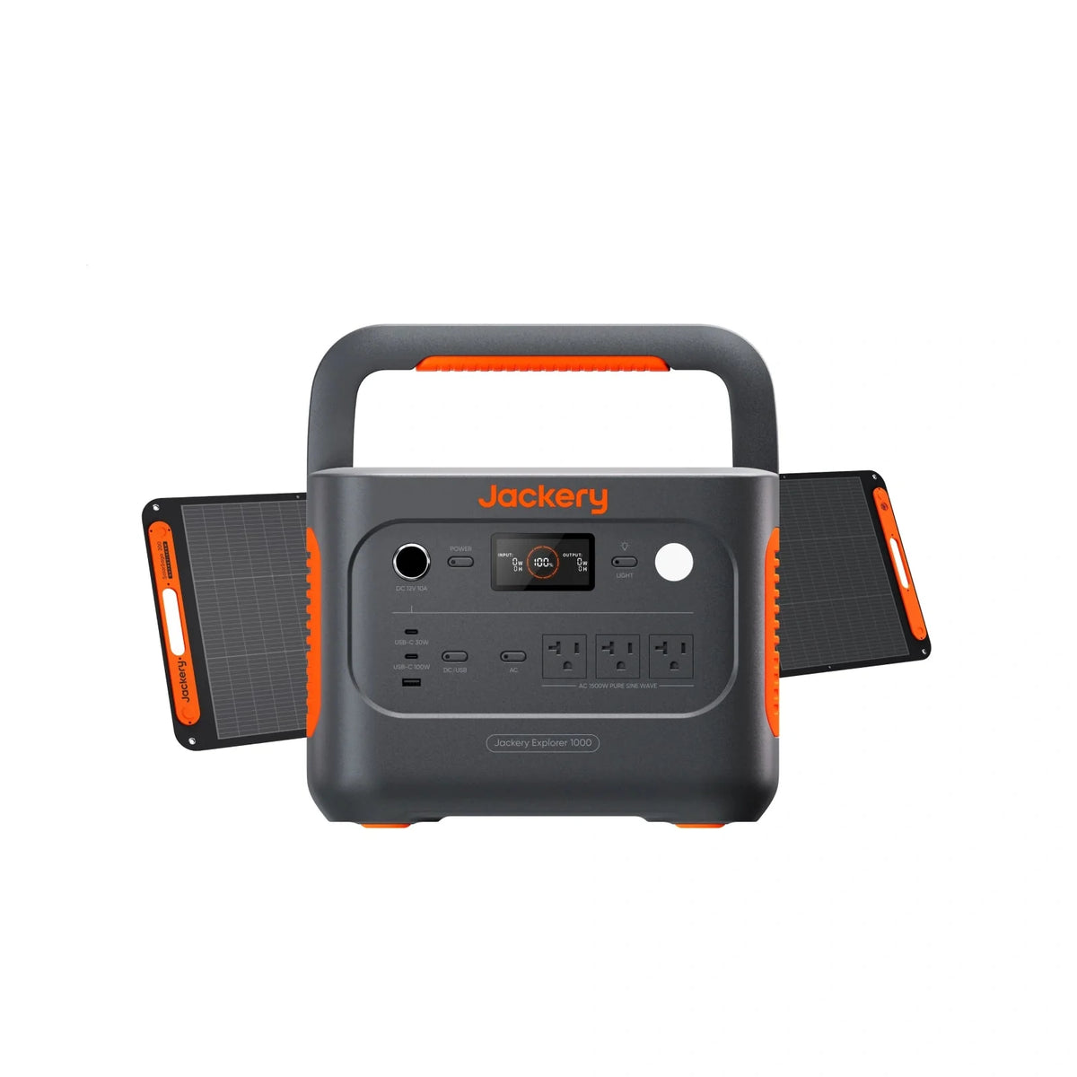 Jackery Explorer 1000 portable power station showing multiple AC outlets, USB ports, and digital display on a sleek black unit.