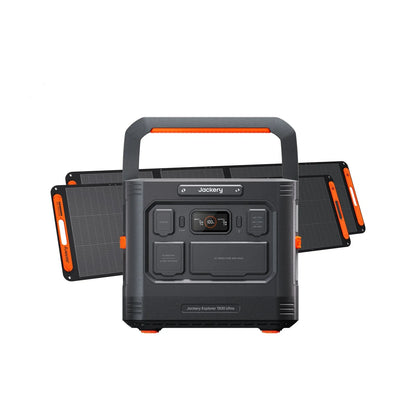 Jackery Explorer 1500 Ultra portable power station with multiple outlets and digital display in a sleek design.