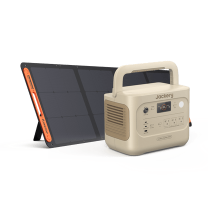 Jackery Explorer 1000 v2 portable power station with solar generator, showing its compact design and multiple output ports.