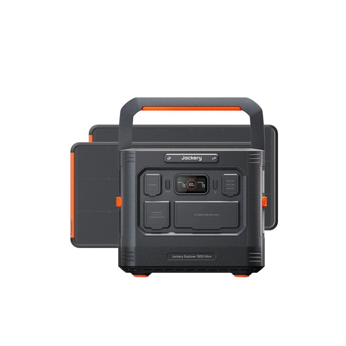 Jackery Solar Generator 1500 Ultra with multiple ports, carrying handle, and digital display for portable solar power setup.