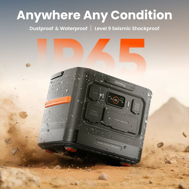 Jackery Explorer 1500 Ultra portable power station with solar generator, featuring multiple outlets and a compact design.