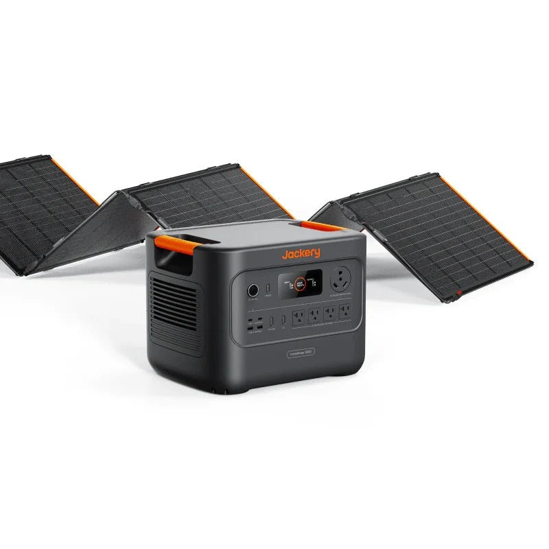 Jackery Solar Generator HomePower 3000 with multiple outlets, solar panels, and digital display for portable renewable energy.