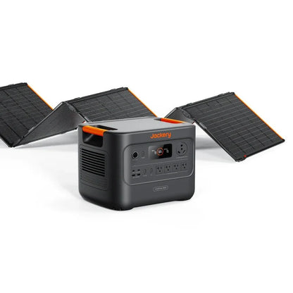 Jackery Solar Generator HomePower 3000 with multiple outlets, solar panels, and digital display for portable renewable energy.