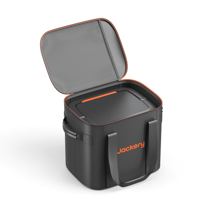 Jackery upgraded carrying case in medium size, black handbag with sturdy handle and zip closure, designed for portable power devices.