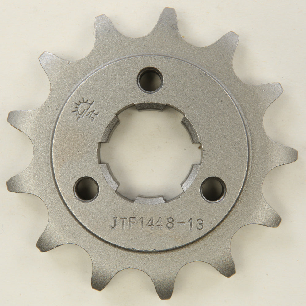 Steel JT front chain sprocket 13T for Suzuki 525 motorcycle, part JTF1448.13, with visible teeth and mounting hole details.