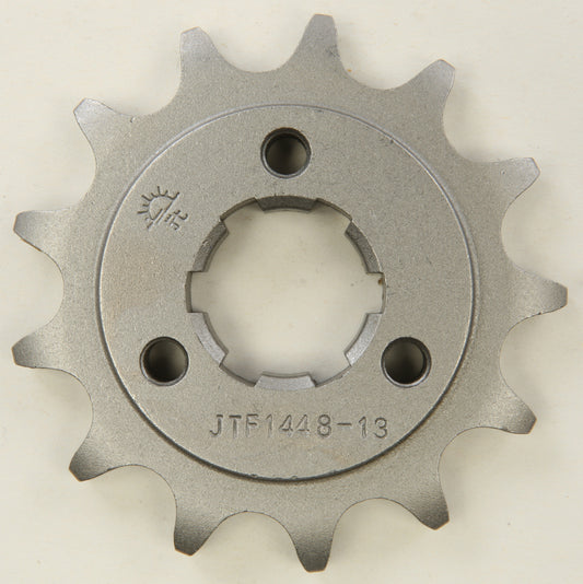 Steel JT front chain sprocket 13T for Suzuki 525 motorcycle, part JTF1448.13, with visible teeth and mounting hole details.