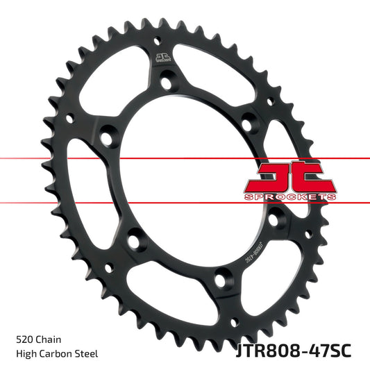 Steel JT rear sprocket 47T for Kawasaki and Suzuki 520 chains, shown with gear teeth and mounting holes.