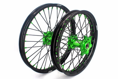 KKE 1.6*21 & 2.15*19 Wheels Rims Fit Kawasaki KX450 2019-2023 KX450X 2021-2023 Green Nipples & Black Spokes - Howling Moto