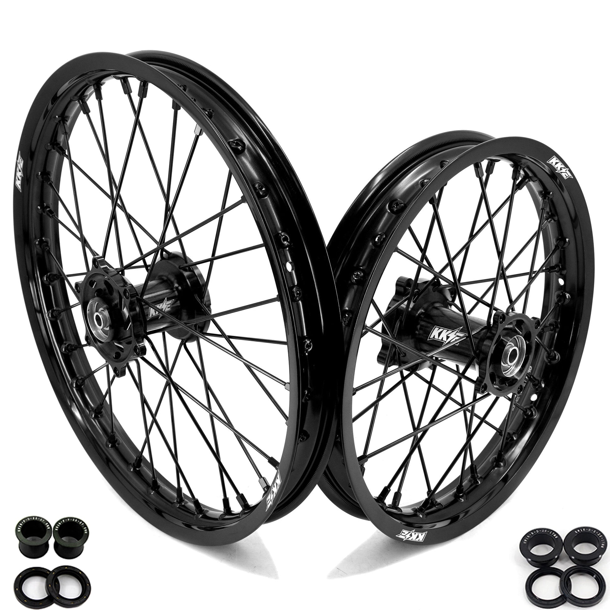 KKE 19 & 16 Spoked Kid's Wheels Rims Set for Kawasaki KX80 KX85 KX100 All Black - Howling Moto