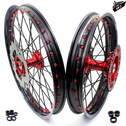 KKE 21 & 19 Casting Spoked MX Wheels Rims Set for Honda CR125R CR250R 2002-2012 Red Nipple Black Spoke Discs - Howling Moto