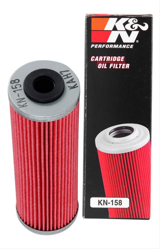 K&N Powersports Oil Filter KN-158 showing the cylindrical metal filter with branding and size markings for motorcycle or ATV use.