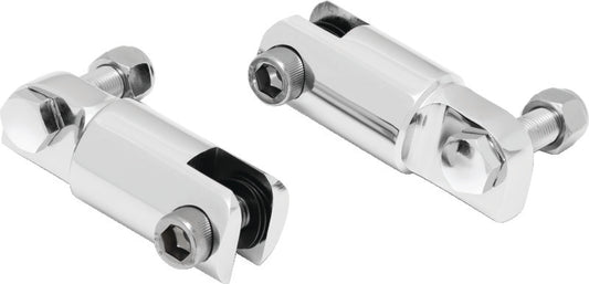 Kuryakyn chrome stirrup heel rest extenders adding 2-1/4 inches for increased comfort and heat protection on motorcycle footrests