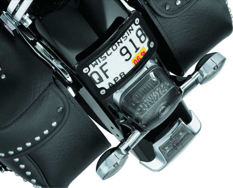 Kuryakyn Curved Laydown License Plate Frame for Honda VTX1800 bikes in glossy black, designed for a sleek motorcycle look.