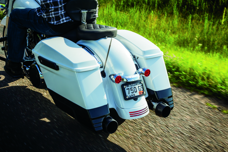 Kuryakyn curved license plate mount for Harley-Davidson Street Glide and Road Glide, part #3147, shown on motorcycle.