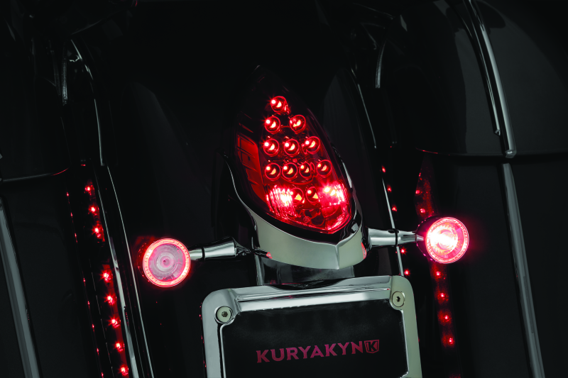 Kuryakyn custom rear turn signal and license plate mount for Indian motorcycles, designed for easy installation and a sleek look.
