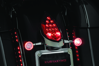 Kuryakyn custom rear turn signal and license plate mount for Indian motorcycles, designed for easy installation and a sleek look.