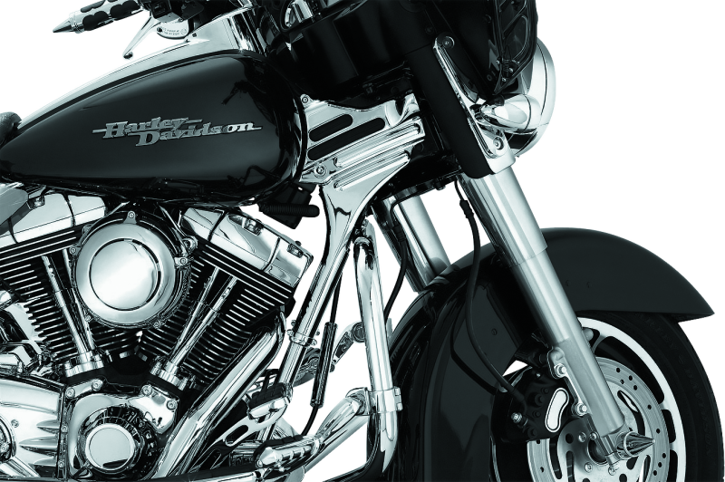 Kuryakyn Deluxe Neck Covers for 95-07 Touring Models in chrome, showing the sleek, polished motorcycle accessory for Harley Davidson bikes.