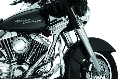 Kuryakyn Deluxe Neck Covers for 95-07 Touring Models in chrome, showing the sleek, polished motorcycle accessory for Harley Davidson bikes.