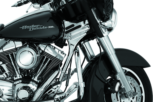 Kuryakyn Deluxe Neck Covers for 95-07 Touring Models in chrome, showing the sleek, polished motorcycle accessory for Harley Davidson bikes.