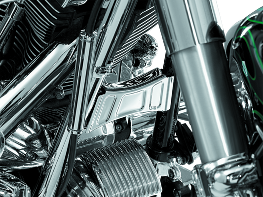 Kuryakyn Downtube Cross Brace Cover for Harley-Davidson Touring Models 1999-2013, chrome finish on motorcycle frame component