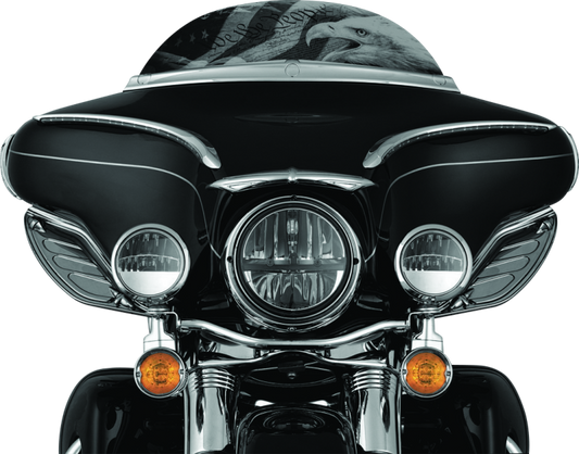 Kuryakyn Dragon Wing Air Deflectors in dark smoke mounted on Harley Davidson FLHX and FLHT models, showcasing sleek motorcycle accessories.