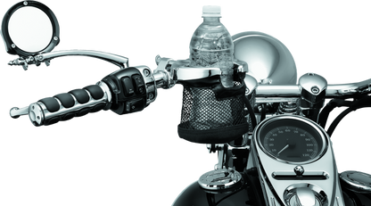 Chrome Kuryakyn drink holder with mesh basket and 1-inch clamp, mounted on a motorcycle handlebar.