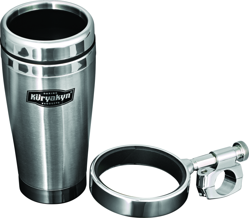 Kuryakyn drink holder with stainless steel mug attached to a 1-inch handlebar clamp for motorcycles or bikes.