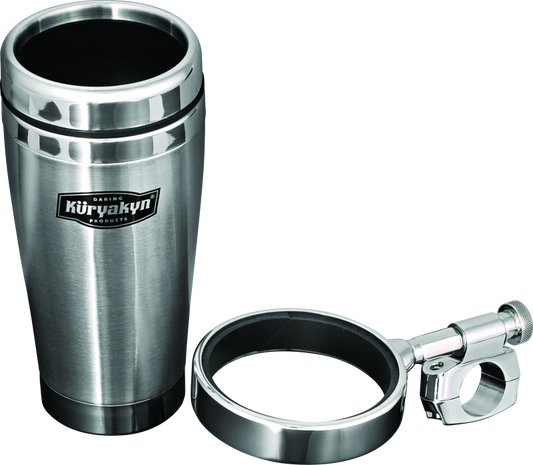 Kuryakyn drink holder with stainless steel mug attached to a 1-inch handlebar clamp for motorcycles or bikes.