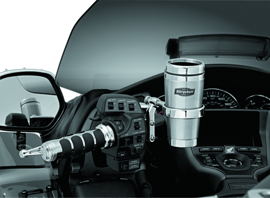 Kuryakyn chrome drink holder with stainless steel mug mounted on a motorcycle perch for convenient hydration.