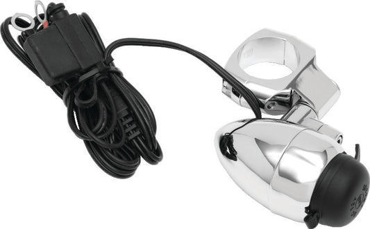 Kuryakyn Electrical Power Point with 1-1/4 inch chrome bar mount for motorcycle handlebar electrical connections.