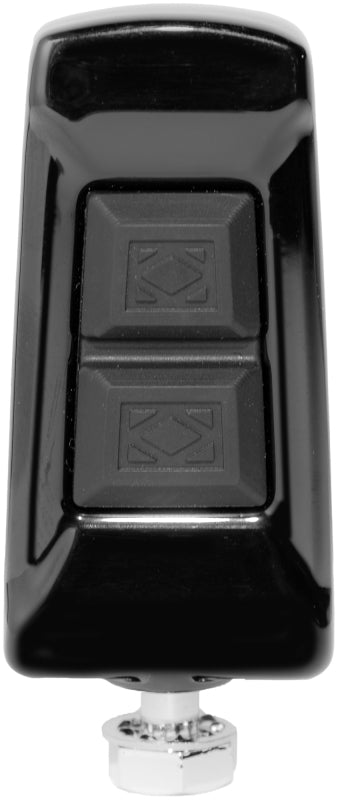 Kuryakyn Enygma Shift Peg in gloss black for motorcycle customization, shown mounted on a motorcycle footpeg.