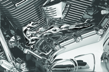 Kuryakyn Flame Shift Linkage Chrome part 1072 for Harley Davidson 2008-2009 motorcycle, showcasing shiny chrome finish and detailed design.