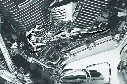 Kuryakyn Flame Shift Linkage Chrome part 1072 for Harley Davidson 2008-2009 motorcycle, showcasing shiny chrome finish and detailed design.