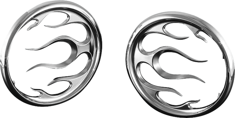Chrome Kuryakyn Flame Speaker Grills for Harley Davidson Touring Models, designed to fit Harley touring motorcycle speakers.