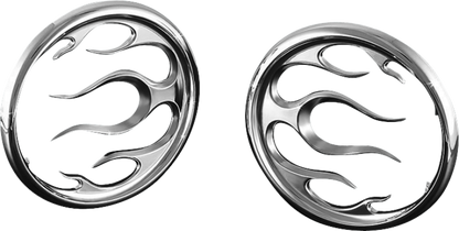 Chrome Kuryakyn Flame Speaker Grills for Harley Davidson Touring Models, designed to fit Harley touring motorcycle speakers.