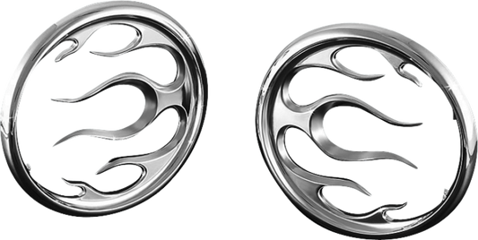 Chrome Kuryakyn Flame Speaker Grills for Harley Davidson Touring Models, designed to fit Harley touring motorcycle speakers.