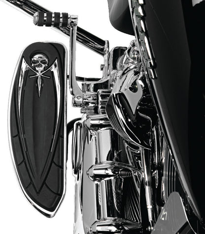 Chrome Kuryakyn floorboard relocator brackets for 1997-2016 Harley-Davidson Touring models, part #4588, shown installed on motorcycle.