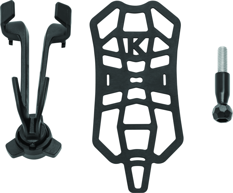 Kuryakyn Free-Flex device holder clamp mount in black attached to motorcycle handlebar, designed for secure smartphone or GPS mounting