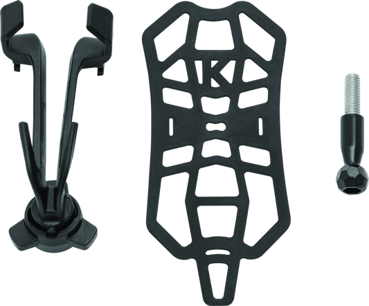 Kuryakyn Free-Flex device holder clamp mount in black attached to motorcycle handlebar, designed for secure smartphone or GPS mounting