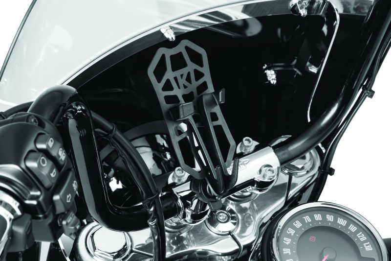 Kuryakyn Free-Flex device holder handlebar clamp mount in black for motorcycles, part #6438, adjustable and secure.