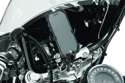 Black Kuryakyn Free-Flex device holder handlebar clamp mount attached to motorcycle handlebar, part #6438.