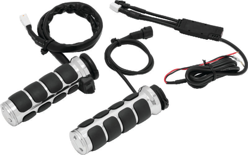 Kuryakyn Heated ISO Grips with dual cables in chrome for Harley-Davidson motorcycles, featuring textured grip surface.