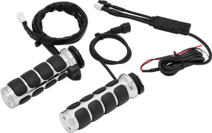 Kuryakyn Heated ISO Grips with dual cables in chrome for Harley-Davidson motorcycles, featuring textured grip surface.
