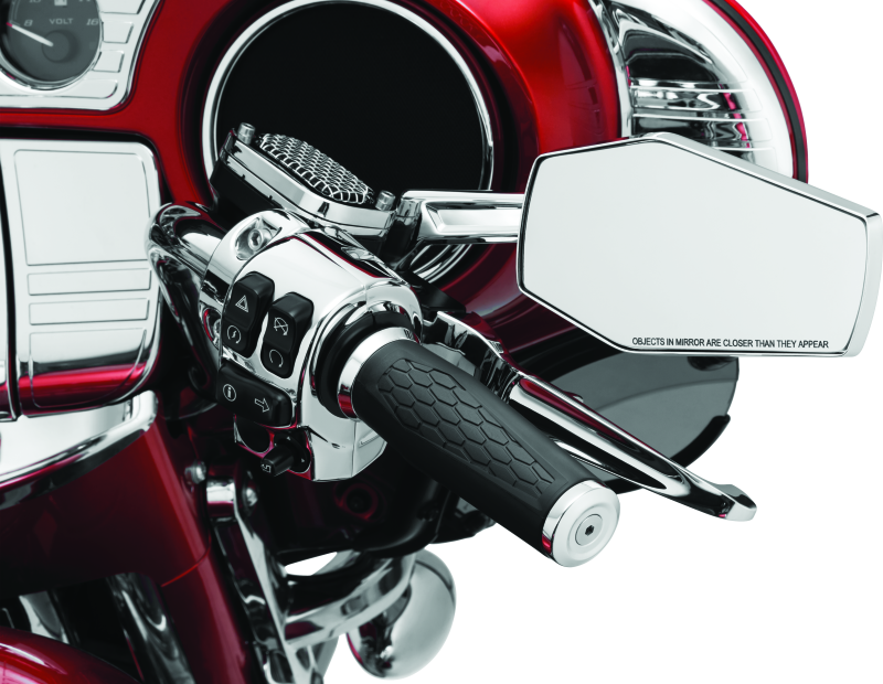 Kuryakyn Hex Chrome Mirrors for powersports vehicles, featuring sleek chrome finish and hex-shaped mirror housing.