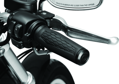 Kuryakyn Hex Grips Dual Cable Black for powersports vehicles, close-up of textured rubber grips with black finish.
