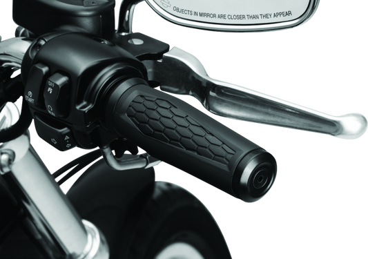 Kuryakyn Hex Grips Dual Cable Black for powersports vehicles, close-up of textured rubber grips with black finish.