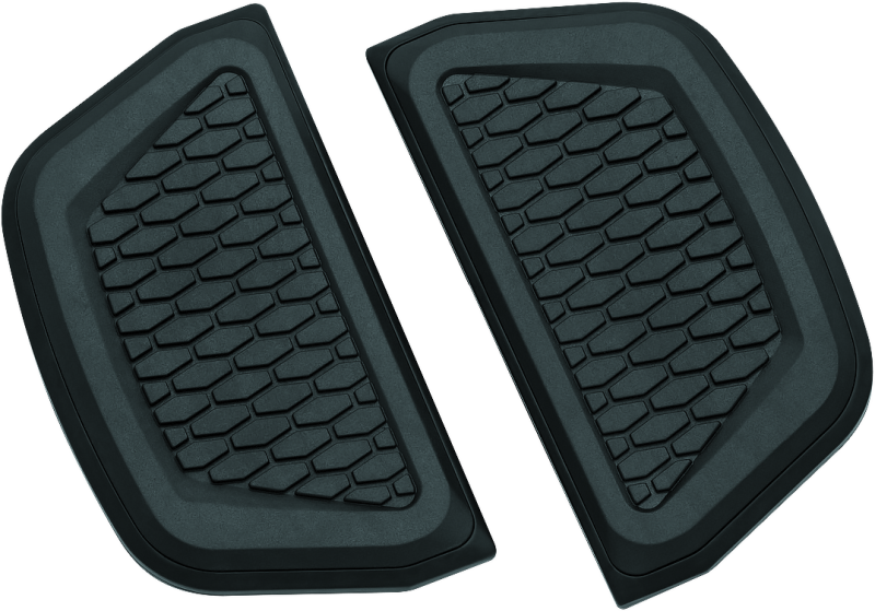 Black Kuryakyn Hex Passenger Board Inserts for Harley Davidson Touring Models, part #5903, shown installed on motorcycle footboards.