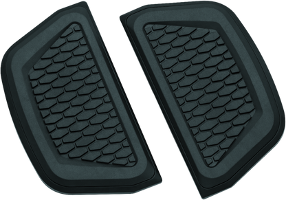 Black Kuryakyn Hex Passenger Board Inserts for Harley Davidson Touring Models, part #5903, shown installed on motorcycle footboards.